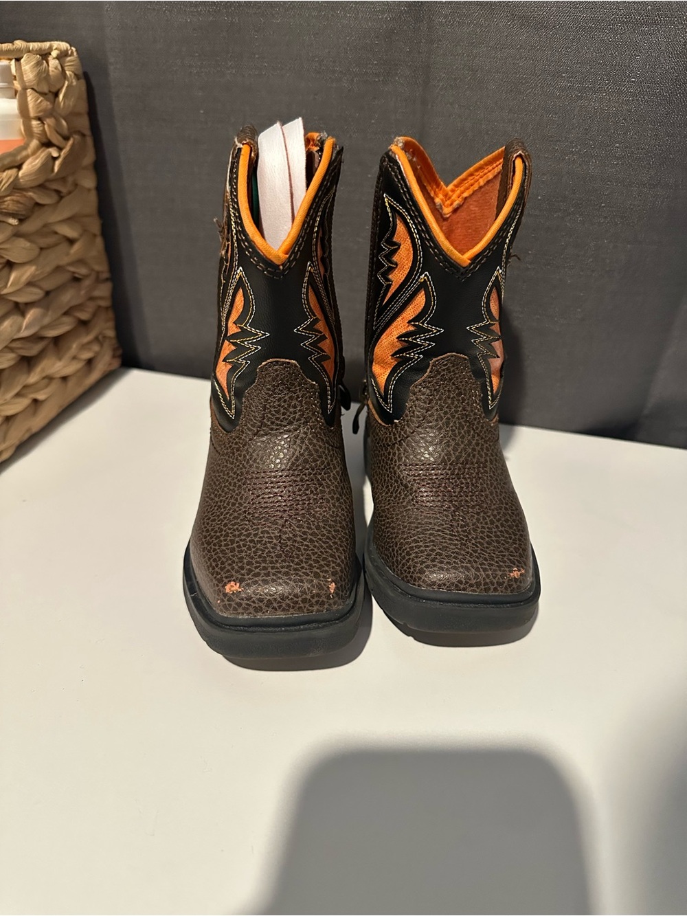 Ariat Kids Brown Leather Boots with Orange Stitching